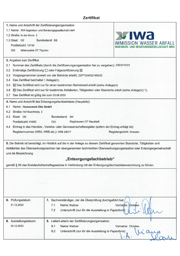 Zertifikat: Entsorgungsfachbetrieb 2025